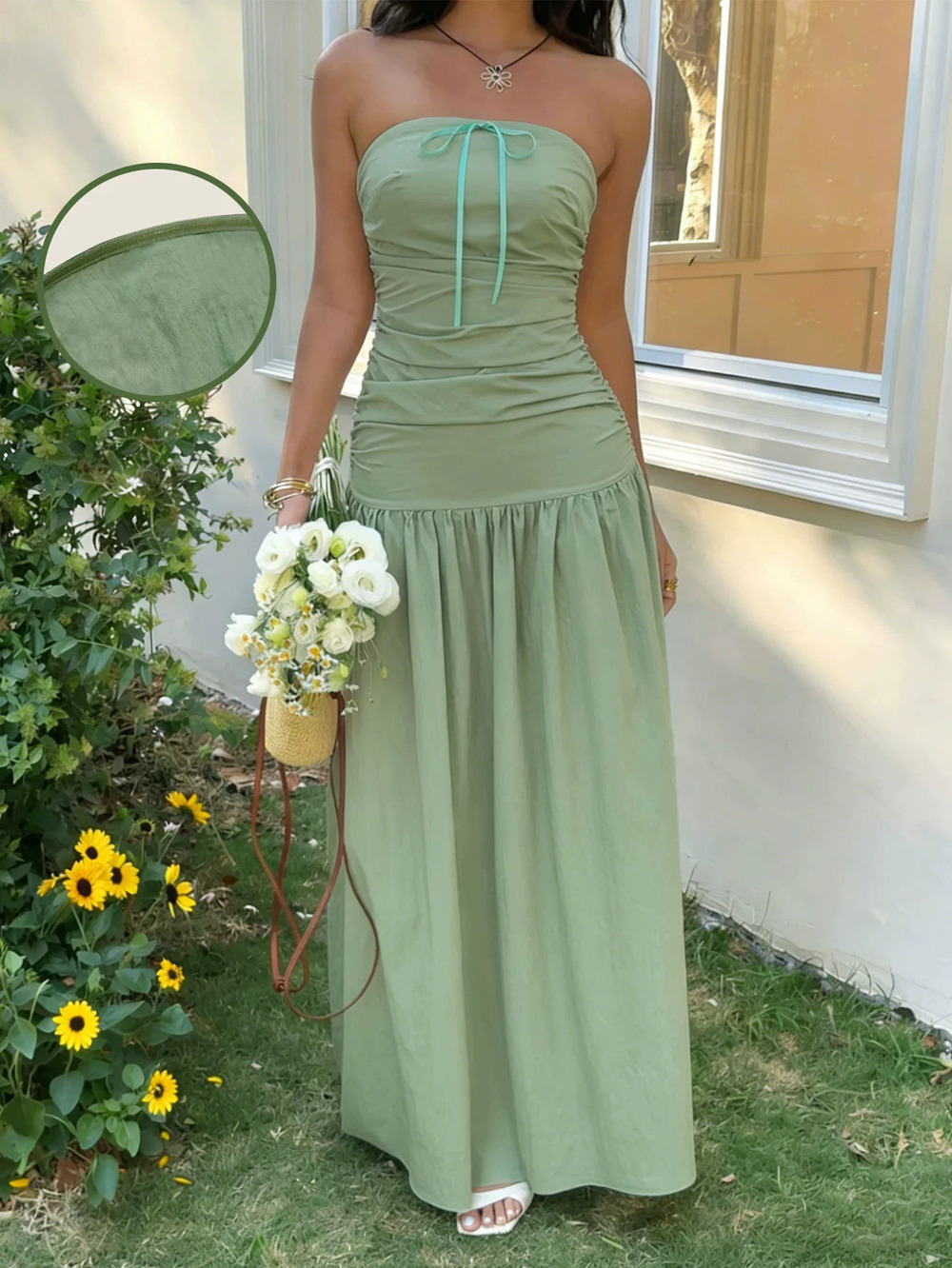 ZARA French Soft Strapless Dress Non Slip Strips Waist Tie Long Resort Dress